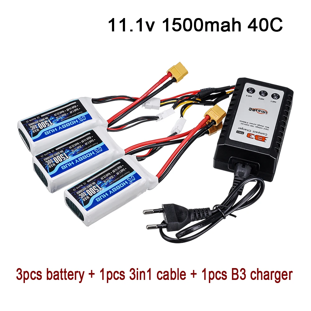 

High Power 3S 11.1v 1500mAh 40C LiPo Battery with B3 Charger XT60 Plug 11.1v Rechargeable Battery For RC Car Airplane Helicopter