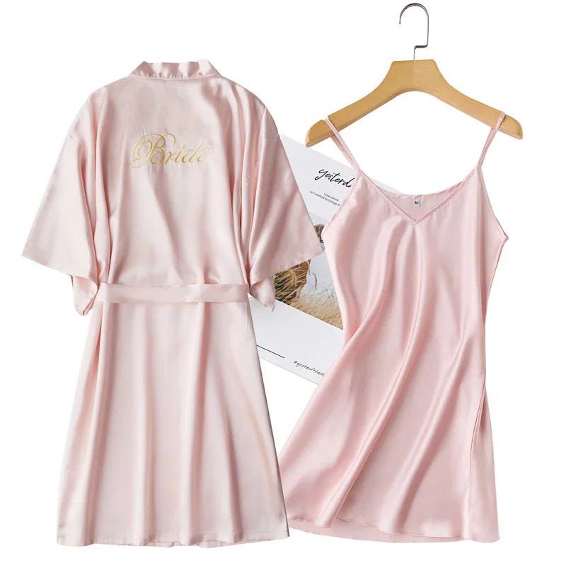 2 Pcs Nighty&Bathrobe Sets Bride Bridesmaid Wedding Robe Gown Womens Lingerie Sleepwear With Belt Nightgown Loose Kimono