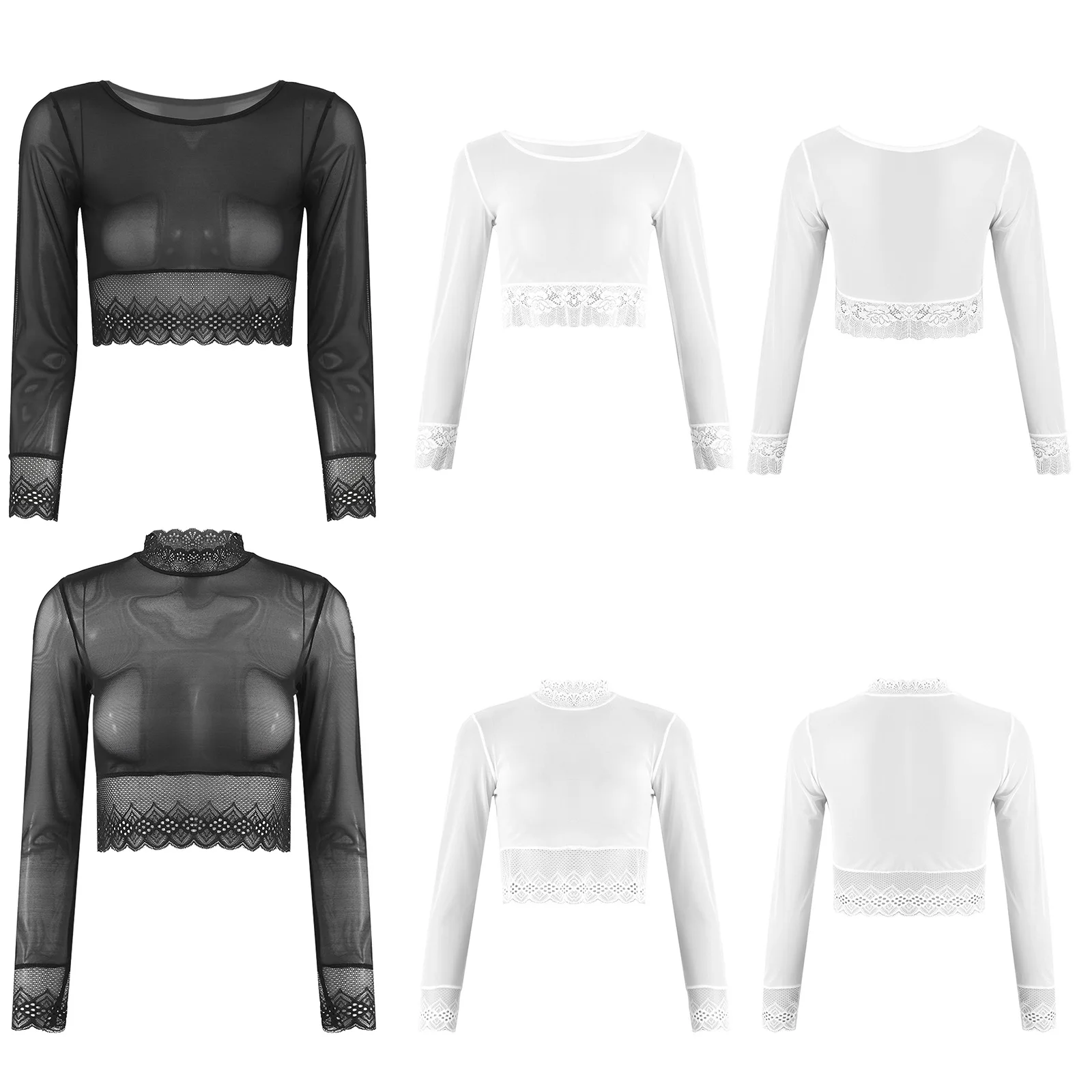 Fashion See Through Lace Crop Top for Women Mesh Tee Shirt Long Sleeve Sheer Blouse Y2K Clothes Femininas Sexy Party Clubwear