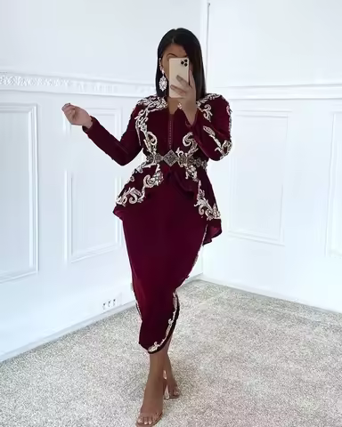 Arabic Caftan tea-length Evening Dress Burgundy Long Sleeve Dubai Saudi Lace Beads Velvet prom dress Karakou algerienCustomized