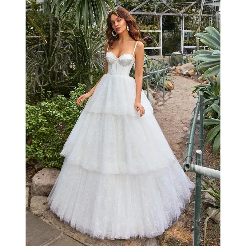 Alças de espaguete praia vestidos de casamento branco em camadas dot tule beading vestido de noiva rendas até vestidos de festa de princesa 2021 novo