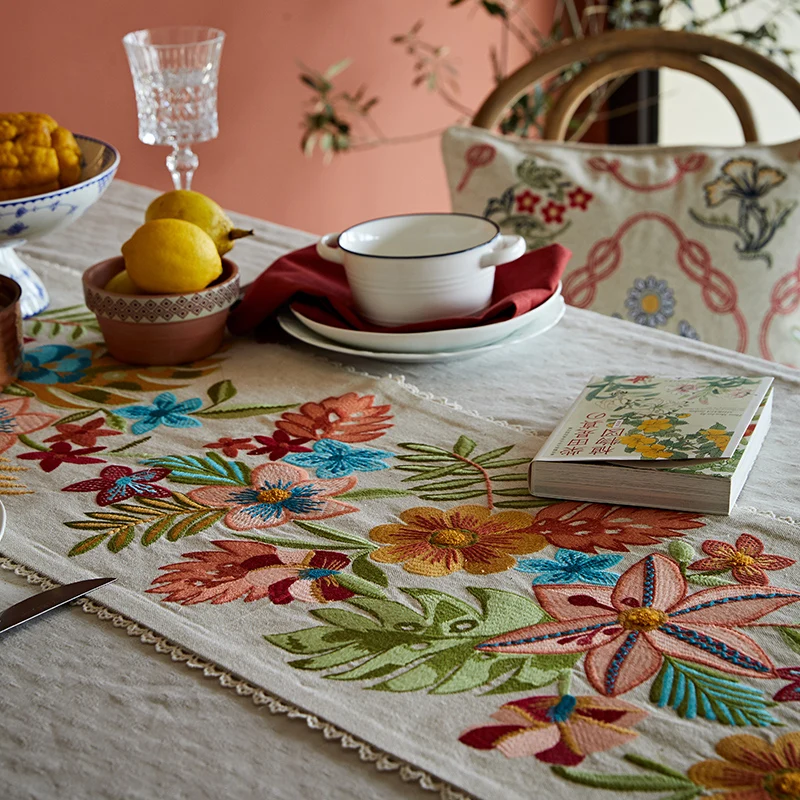 Embroidered tea flag cotton and linen tea table pastoral long table runner