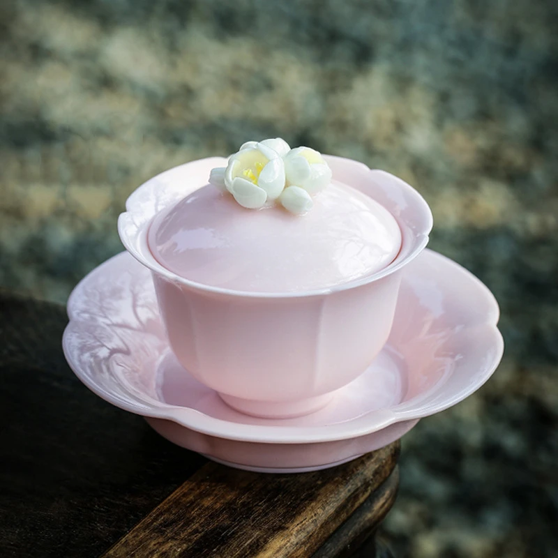 porcelain gaiwan pink solid color petal design flower relief handmade tureen for lady 160ml Chinese covered bowl saucer lid new