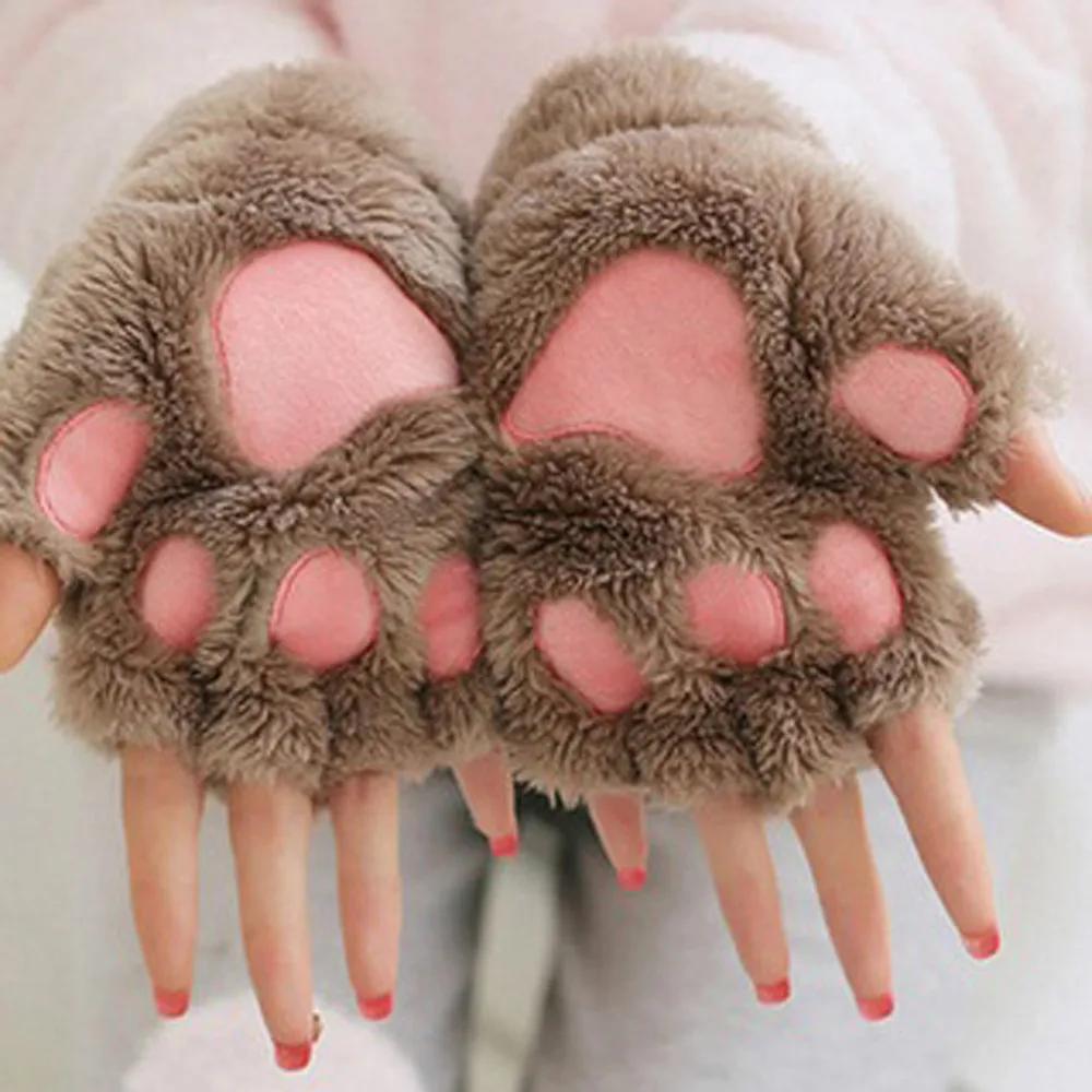 Women Bear Plush Cat Paw Claw Gloves Winter Faux Fur Kitten Fingerless Mittens Warm Gloves Christmas Halloween Gift for Girls YL