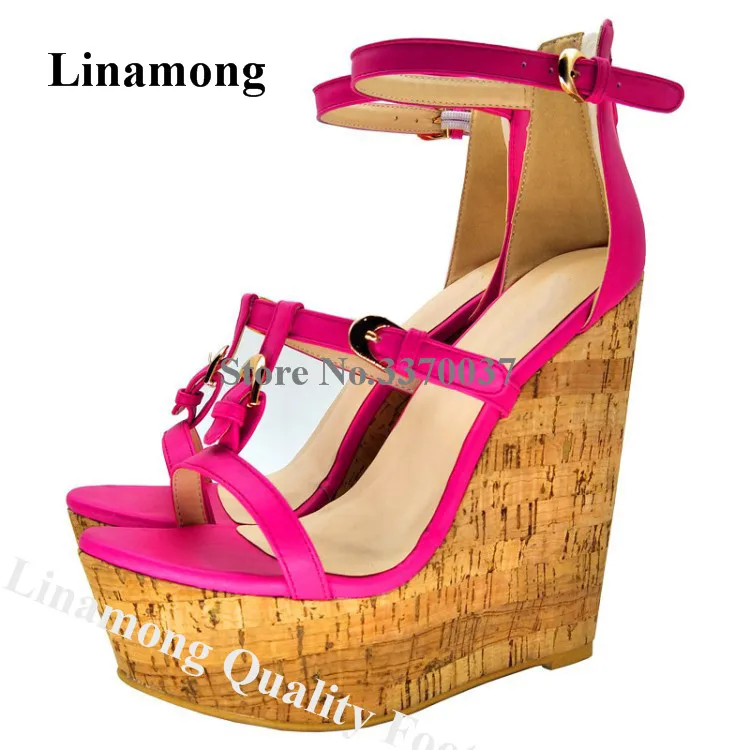 

Linamong Newest Summer Fashion Open Toe High Platform Wedge Sandals Rose Red Orange Buckles Wedges Height Increased Dress Shoes