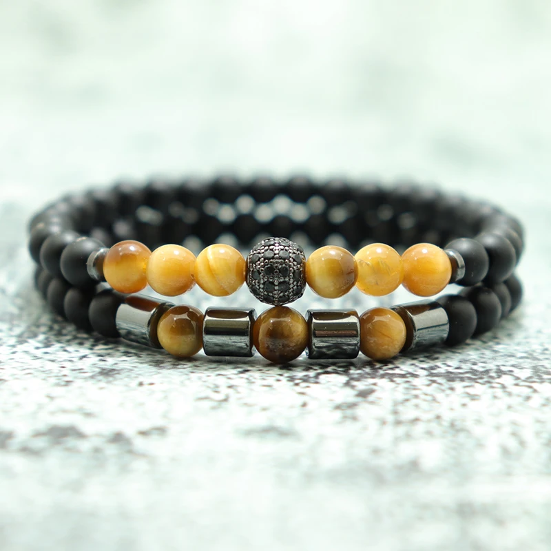 2 teile/satz Naturstein Armbänder Männer 100% Tigerauge Perlen Armband Spiel Disco Ball Schwarz Zirkonia Armband Hämatit Pulsera Geschenk