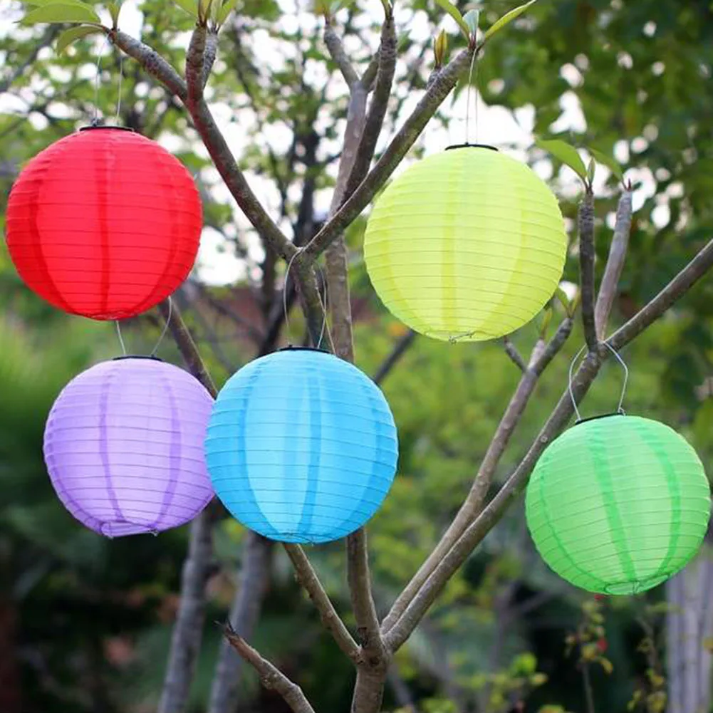 Solar LED Lantern Chinese/Japanese Round Nylon Lantern Birthday Wedding DIY Lampion Hanging Lantern Ball Supplies Garden Decors