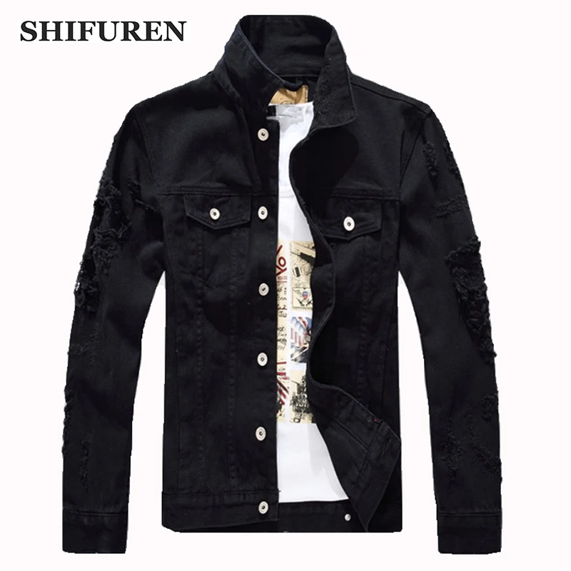 

SHIFUREN Denim Jacket Men Ripped Holes Cotton Jeans Jackets Long Sleeve Fancy Male Frayed Cowboy Coats Hip Hop Streetwer Tops