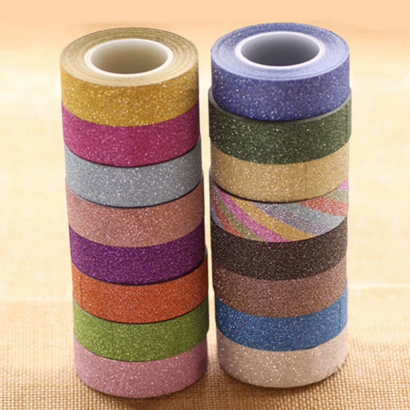 16 Colors Hot Sales 10m Glitter Washi Sticky Paper Masking Adhesive Tape Label Craft Decorative Diy