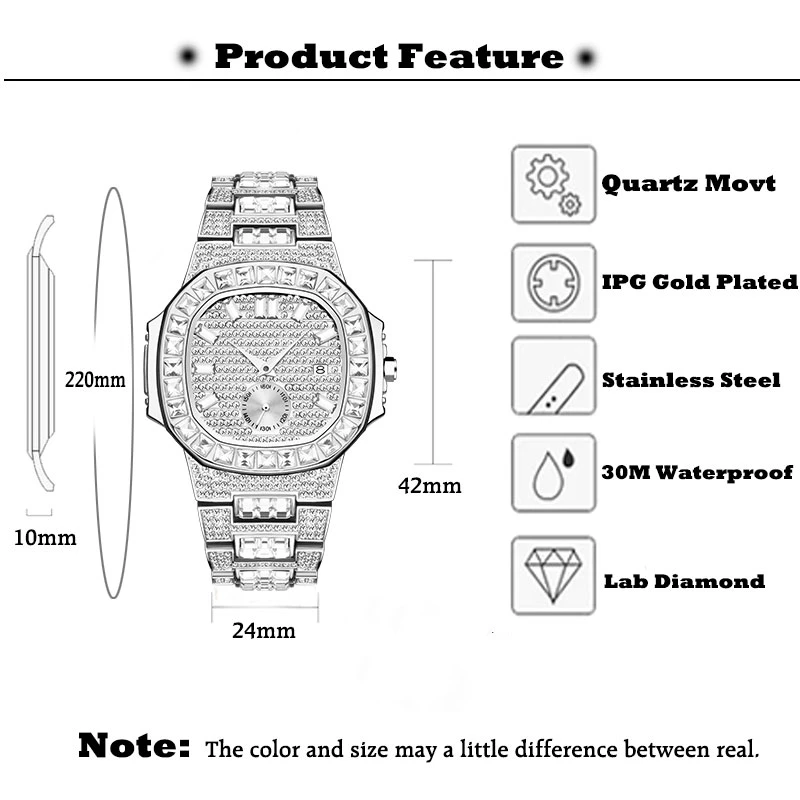 MISSFOX Men Watch Hot Sale High Quality Luxury Full Square Diamond Watches For Men Wristwatches Calendar Top Brand Luxury Gift