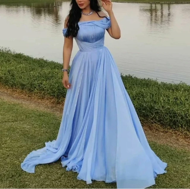 Vintage Long Light Blue Chiffon Evening Dresses A line Pleated Lace Up Back Flowy Robe De Soiree For Women Evening Dresses AliExpress