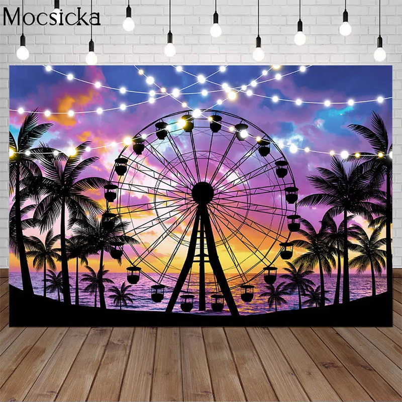 

Summer Seaside Ferris Wheel Backdrops Tropical Palm Tree Sunset Aurora Glitters Holiday Birthday Party Photography Background