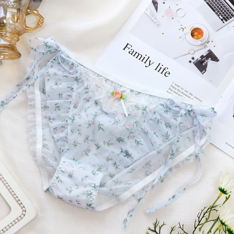 Female Hollow Out Transparent Panties Summer Quick-drying Ultra-thin Mesh Briefs Sexy Print Strap Underwear Large Size Lingeri