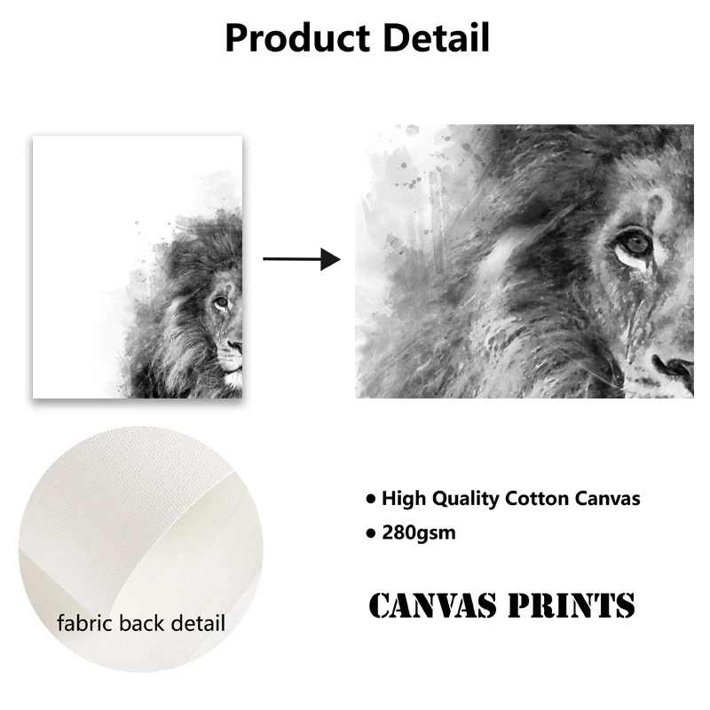 Lion and Lioness Animal Canvas Print Black White Abstract Watercolor Painting Poster Nursery Wall Art Pictures Living Room Decor