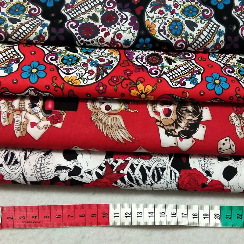 25x23cm 4pcs Quality Halloween Black Red Poker Flower Skull Printed Cotton Fabric Bundle DIY Sewing Patchwork Decoration