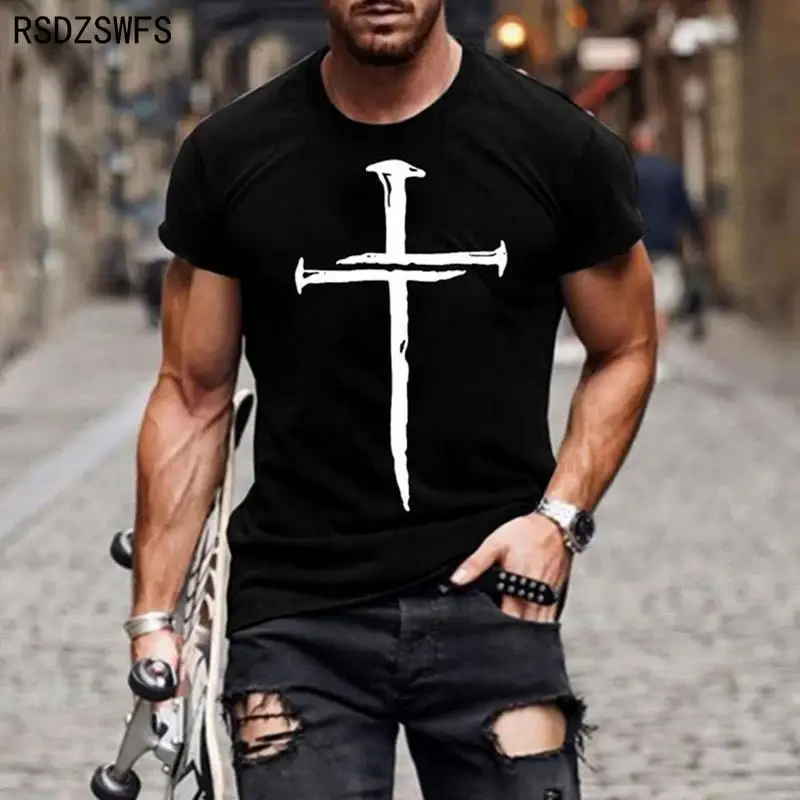 Men\'s Jesus Christ Cross 3D printed T-Shirt Summer Casual All-Match Fashion Short-Sleeved Oversized Round Neck Streetwear