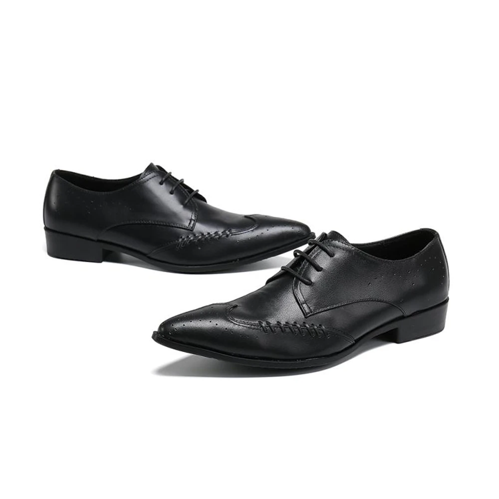 

Large Size 46 Mens Leather Shoes Pointed Toe Derby Lace Up Carved Office Dress Shoes Genuine Leather