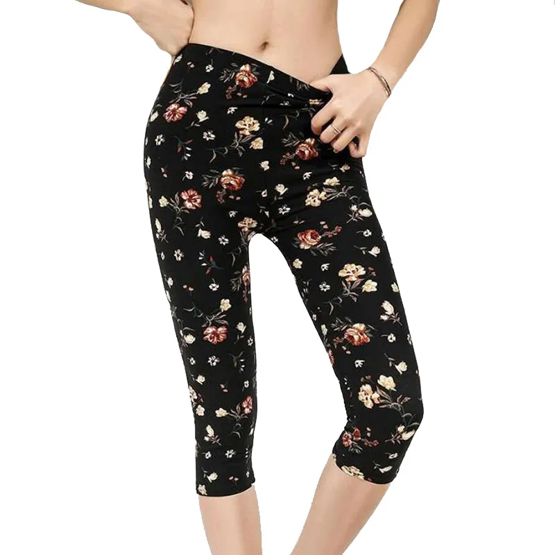 Mais tamanho calças curtas casuais capris mulheres leggings verão floral impresso preto rua wear cintura alta sexy legging