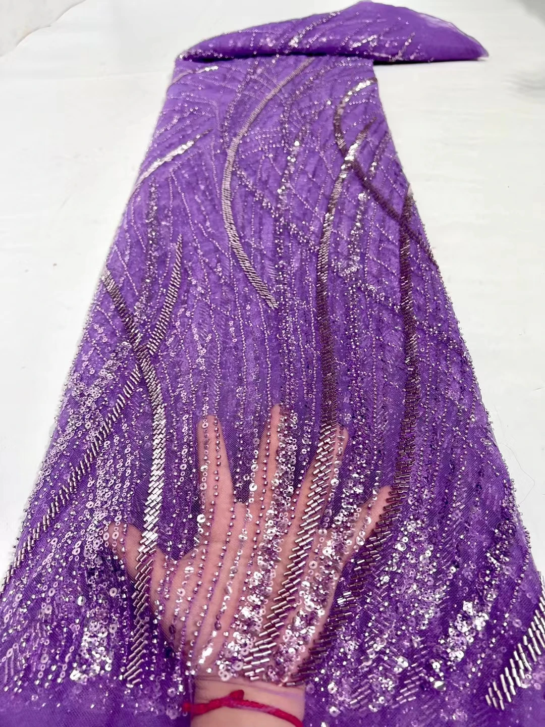 

Latest Purple African Beaded Lace Fabric 5 Yards,Luxury Tulle Sequence Lace Fabric 2022 High Quality Lace For Wedding Dress Sew