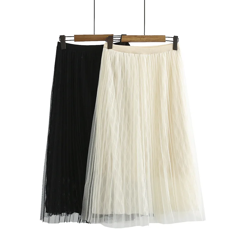 2022 Spring Woman Skirts Elastic High Waist Mesh Pleated Skirts Women A-Line Skirt Mujer Faldas Femme Jupes Streetwear