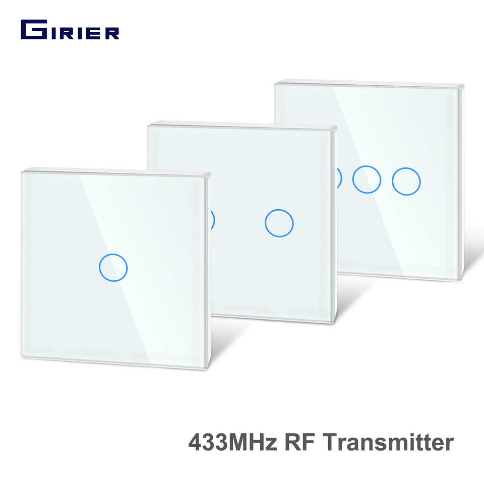  Girier 433Mhz RF Touch Remote Controller Tempered Glass Panel Wireless Wall RF Transmitter 1/2/3 Gang Works with 433Mhz Receiver 