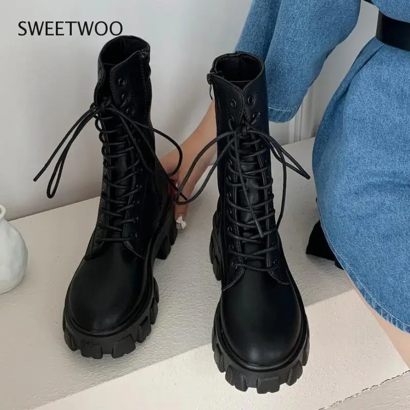 2021 New Mid Calf Boots Women Autumn Winter Fashion Lace-up Zipper Boots Sports Platform Heel Ladies Shoes