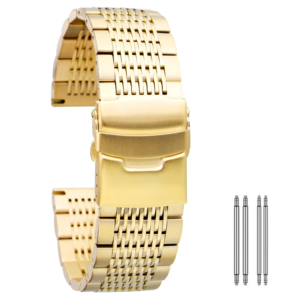 High Quality 18mm 20mm 22mm 24mm Gold/Rose Gold/Blue Stainless Steel Watchband Folding Clasp with Safety with Spring Bars Unisex