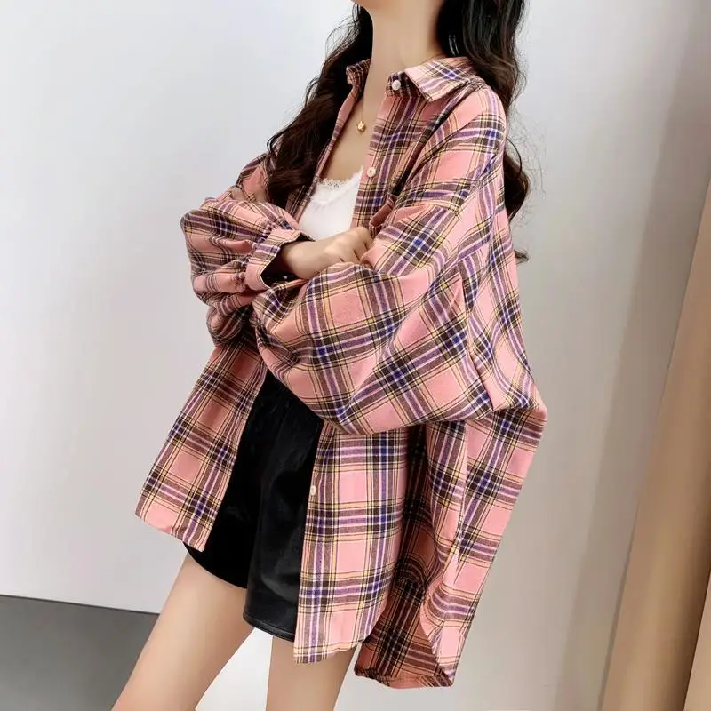 Ladies Shirt Spring and Autumn Niche Design Sense Loose Plaid Shirt All-match Korean Shirt Wear Retro Jacket