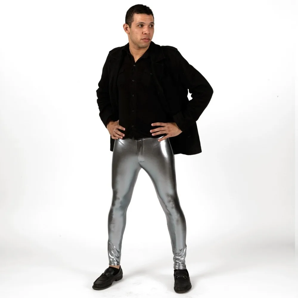 Speerise Men Shiny  Mid Waist Leggings Silver Metallic Spandex Full Length Man Black Meggings Leggings Tights for Guys