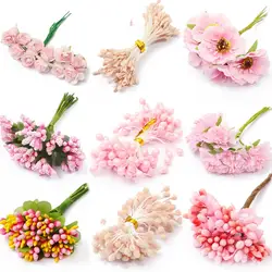 6/10/12/50/60/70/90/144/288pcs Mixed Pink Flower Cherry Stamen Berries Bundle DIY Christmas Wedding Cake Gift Box Wreaths Decor
