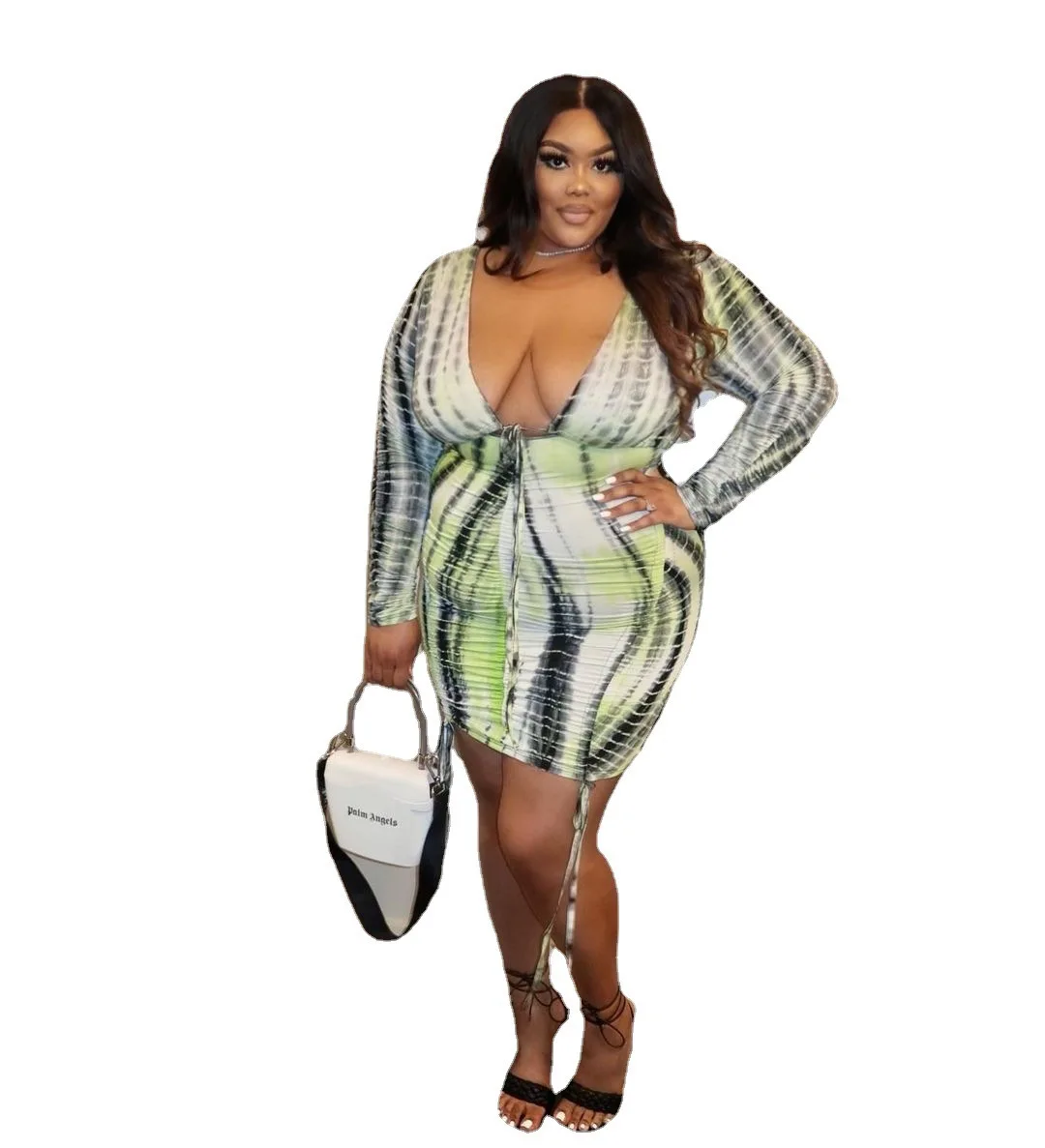 XL-5XL Wholesale Dropshipping Fashion 2022 Women Clothing Plus Size Dresses Long Sleeve Shirring V Neck Club Sexy Party Dress