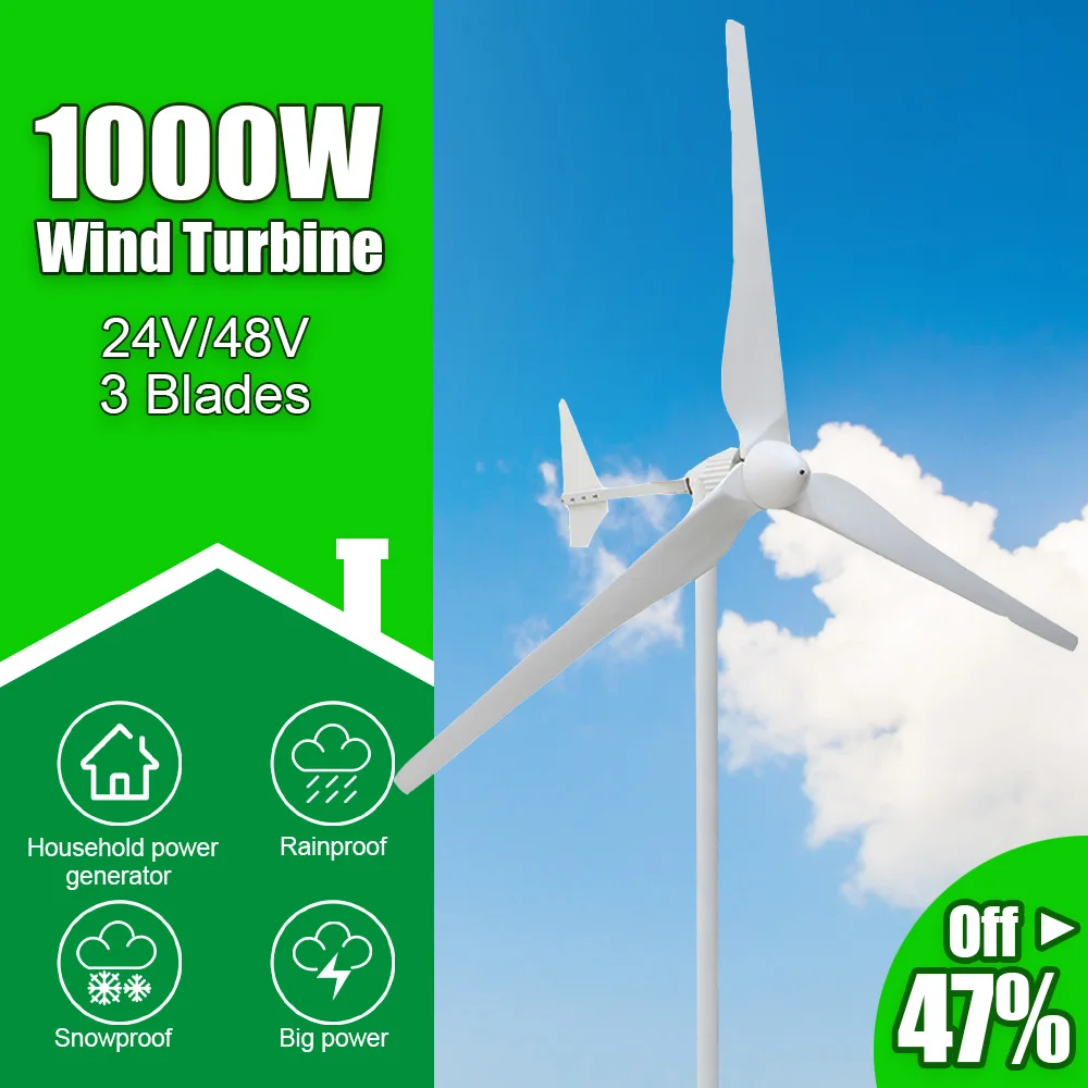 

Free Energy 3 Blades 1000W 24V/48V Wind Turbine Power Generator With MPPT Controller and Off Grid System For Home Farm