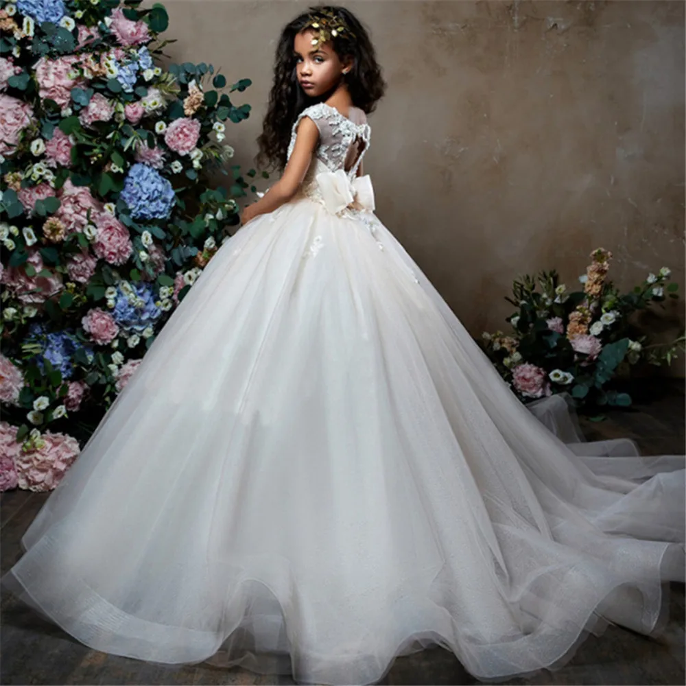 

Flower Girl Dresses Lace Backless Tulle Girl Dresses For Wedding Vintage Little Girl Pageant Dresses Lace Princess Kids Gown