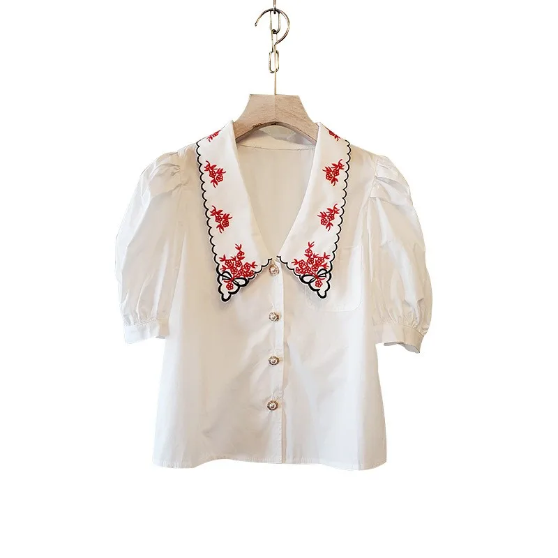 Puff Sleeve Embroidery Short-Sleeve Shirts Office Lady Lapel Single-Breasted Short Tops Women Soft Elastic White Elegant Blouse