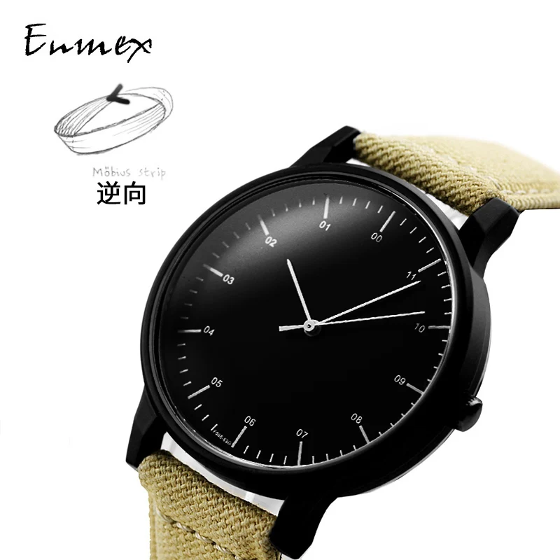 gift Enmex backward men wristwatch creative anticlockwise watch reversal time simple style canvas strap fashion watch