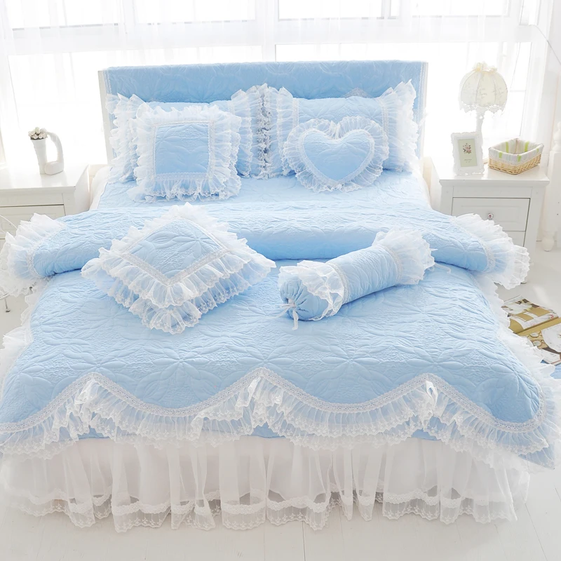 Imagem -03 - Conjunto de Cama Acolchoado Grosso para Meninas 100 Algodão Rei Rainha Cama de Tamanho Duplo Princesa Coreano Branco Saia de Cama Rosa Fronha