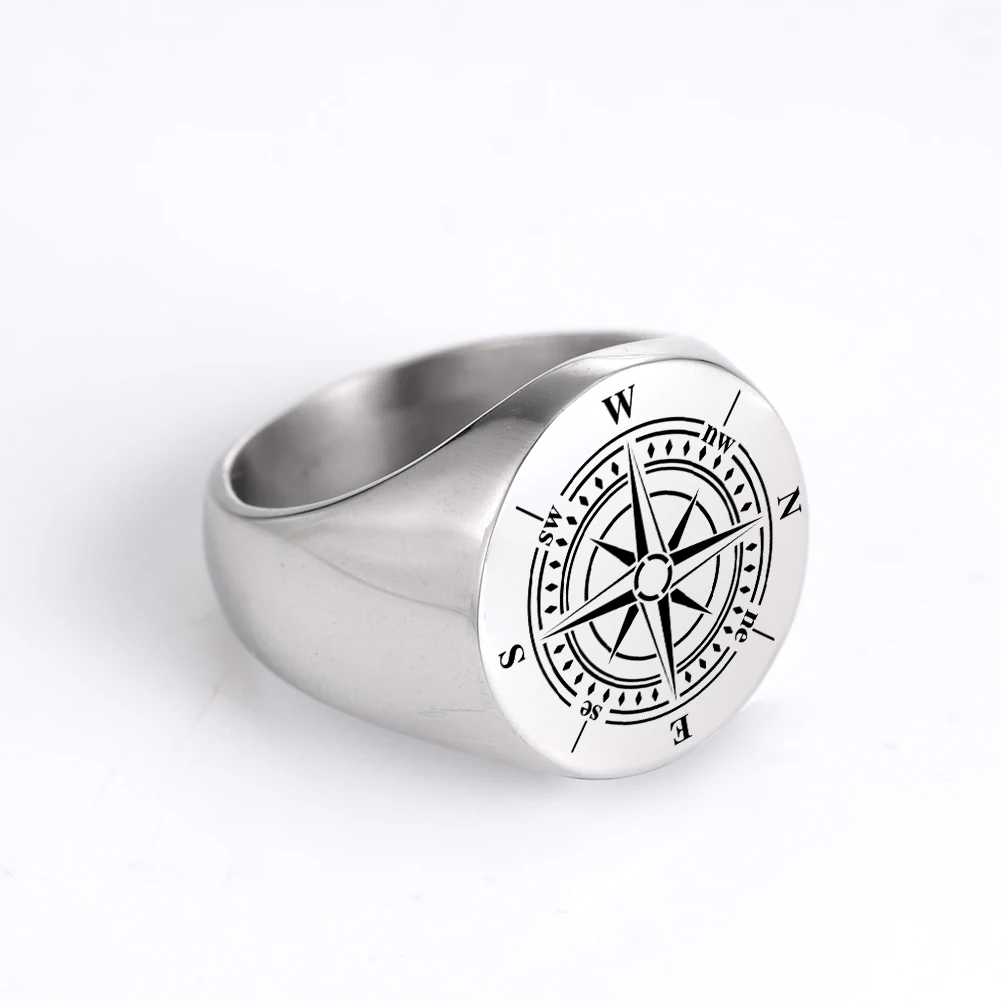 COOLTIME Retro Compass Signet Men's Ring Stainless Steel Punk Rings Vintage Jewelry Amulet Wicca Rock Hiphop Gift