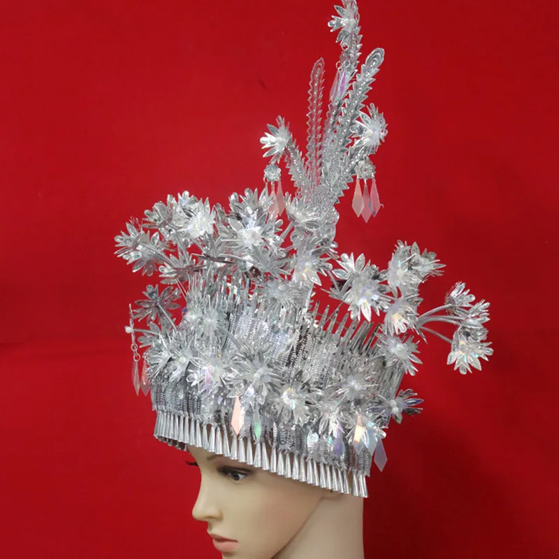 Chapeau Coloré Argent ATA Ao pour Femme, Pièce de Sauna Traditionnel, Spectacle sur Scène, Vêtements de Sauna de Danseuse, National Chinois Vintage