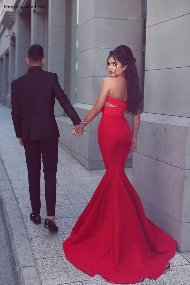 Sleeveless Long Red Two Pieces Backless Prom Dress Saudi Arabian Mermaid Sweetheart Evening Party Gown Custom Made