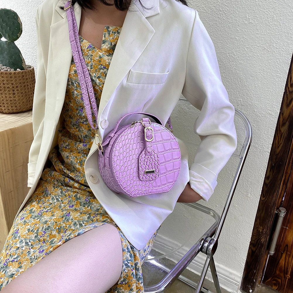 Popular Simple Women Round Shoulder Bag Alligator PU Circle Handbag Zipper Small Party Daily Crossbody Handbag 2023 For Women