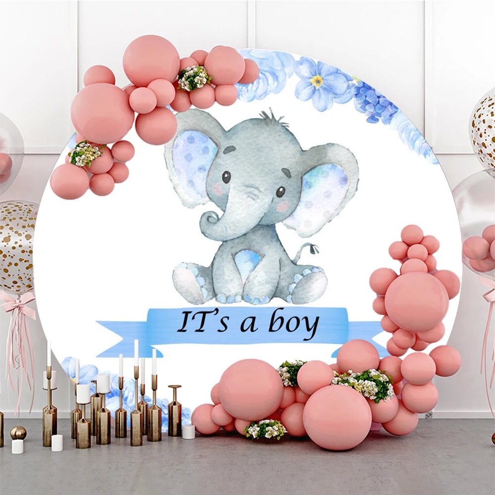 Laeacco Blue Baby Elephant It's A Boy Wild 1st Birthday Party Baby Shower Customized Circle Photo Background Round Backdrop