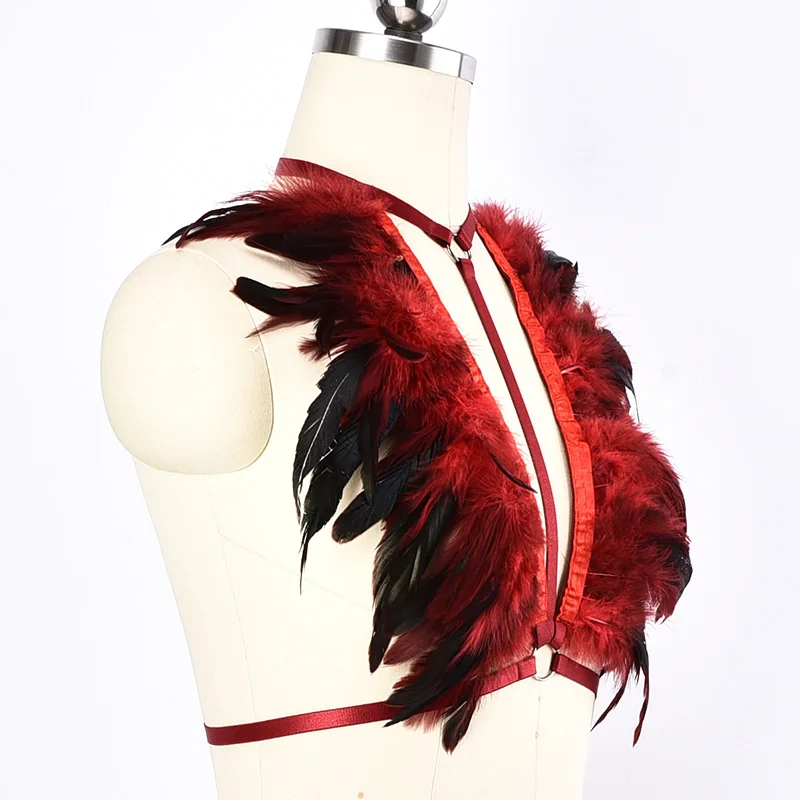 Epaulette Vest Festival wine Red Feathers Harness Costume Burning man Shoulder wings Harness Bra Unisex Top Halter Dance Rave