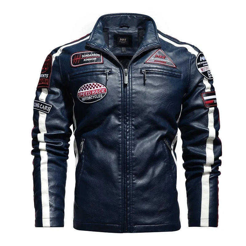 Mens Vintage Motorcycle Jacket 2022 Men Fashion New Biker Leather Jacket Male Embroidery Bomber Coat Winter Fleece Pu Overcoat