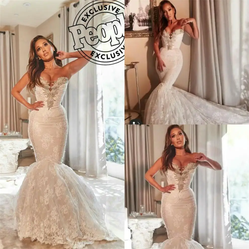 2020 abiti da sposa di moda Appliques di pizzo senza spalline abiti da sposa Sexy Backless Sweep Train abito da sposa a sirena