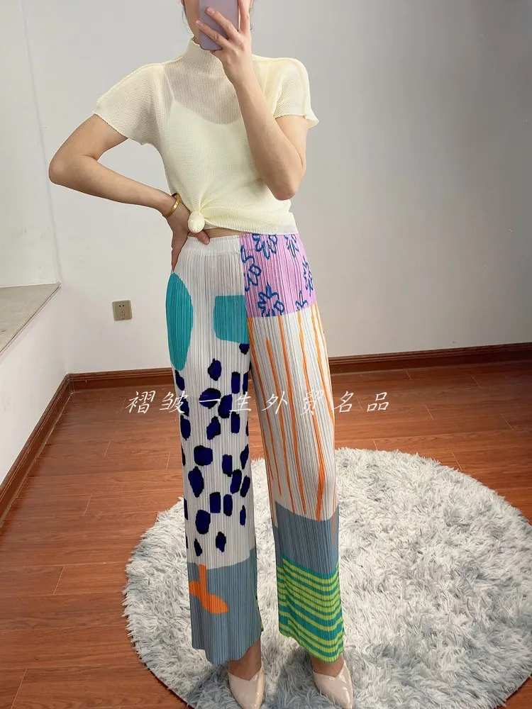 

HOT SELLING Miyake Fashion fold print straight pants Thin trousers IN STOCK