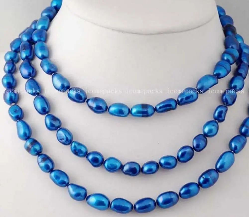 

Free shipping wholesale nice 8-10*6-7mm deep blue freshwater pearl baroque necklace 43"