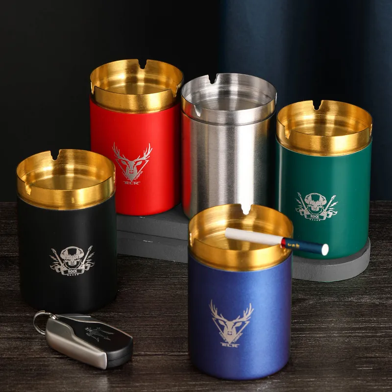 Gold Stainless Steel Ashtray for Car Desk Round Metal Windproof Cigar Ashtray for Home Hotel Office Gift for Smoker Driver