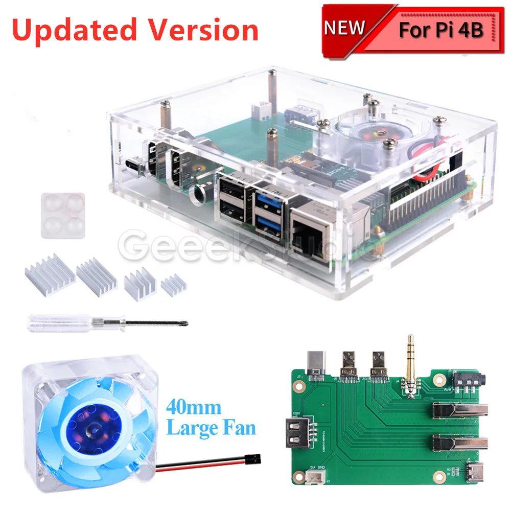 Mới Acrylic Raspberry Pi Set-Top Box Bộ Với 4010 LED Xanh Dương Làm Mát Và Nhôm Tản Nhiệt đế Tản Nhiệt Cho RPI 4 Mẫu B