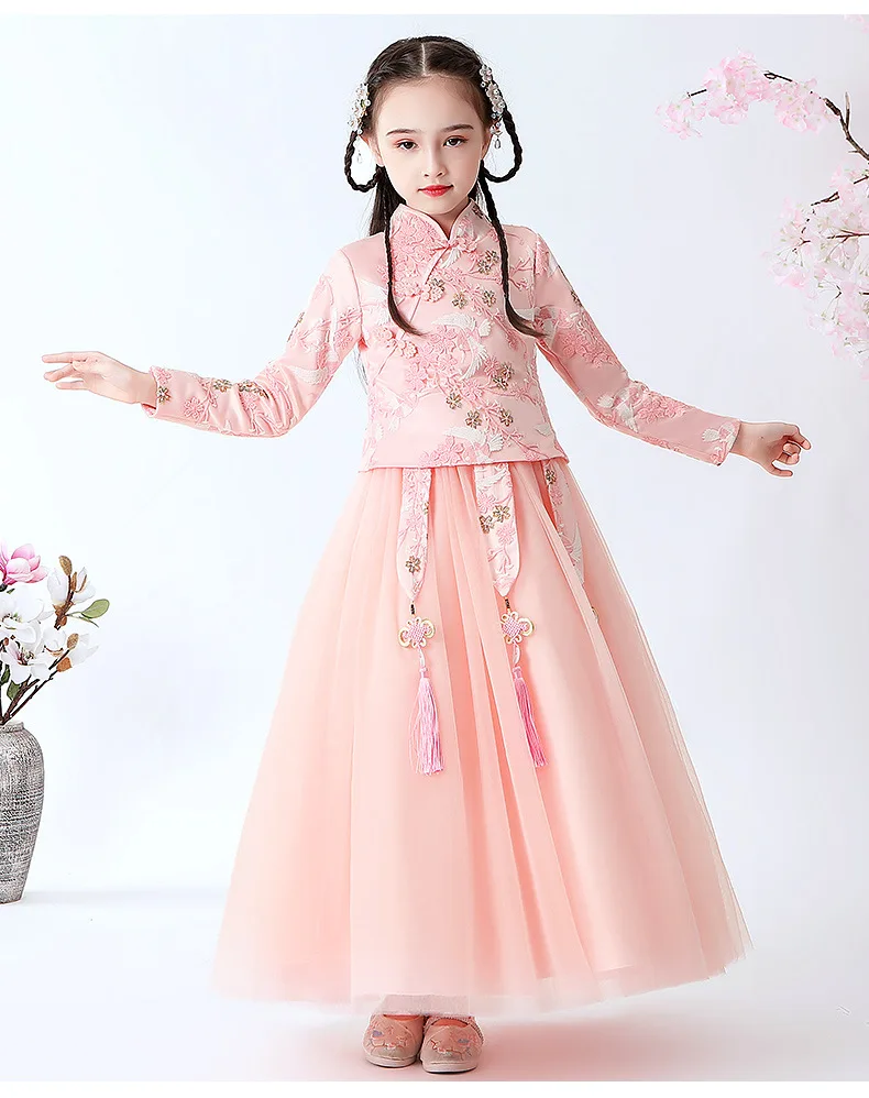 

girl Embroidered princess dress vestidos Girls cheongsam dress performance Dress Winter Plush Keep Warm Dresses New Year's Dress