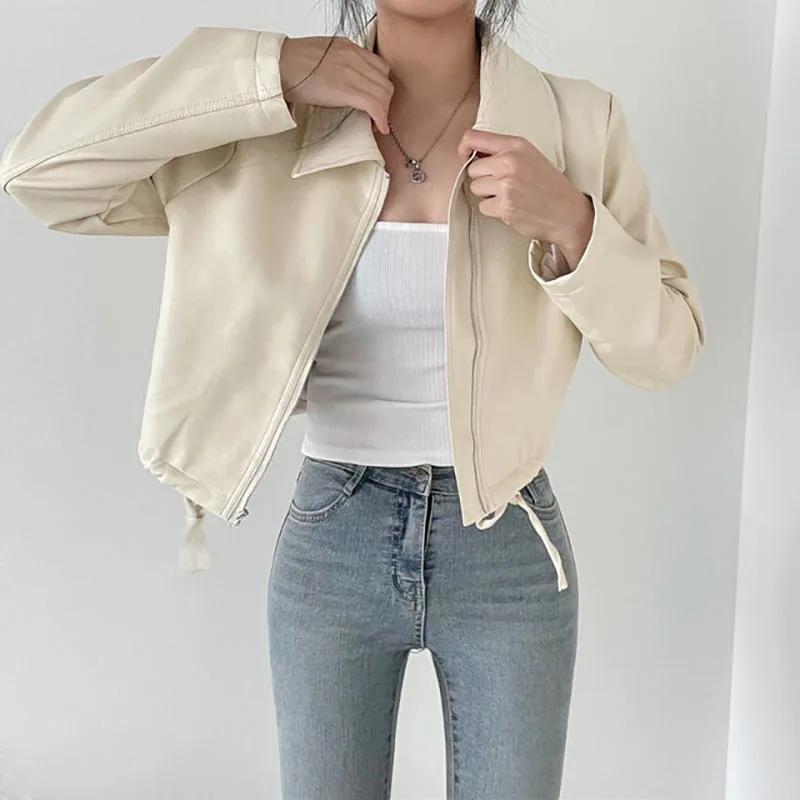 2023 Spring Korean Female Beige Drawstring Short Faux Leather Coat Lapel Slim Long Sleeve Moto Biker Jacket Autumn Women Clothes